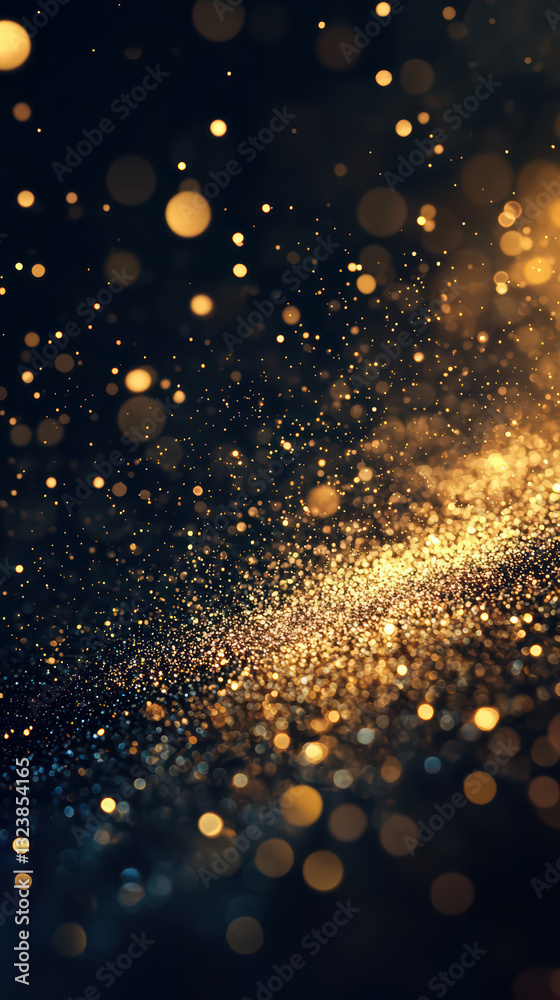 Obraz premium Sparkling Abstract: A captivating display of luminous gold particles, illuminated against a dark backdrop, creating a mesmerizing effect with bokeh and dynamic flow.