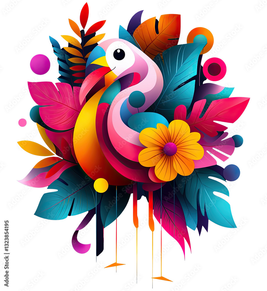 a vibrant, abstract illustration featuring a colorful flamingo surrounded by tropical leaves and flowers. The flamingo is depicted with a gradient of pink and red hues, and the foliage and flowers are