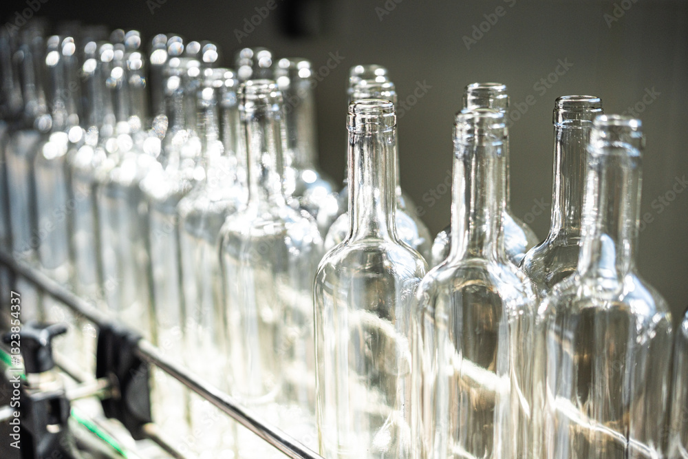 Line of empty glass bottles on a conveyor belt