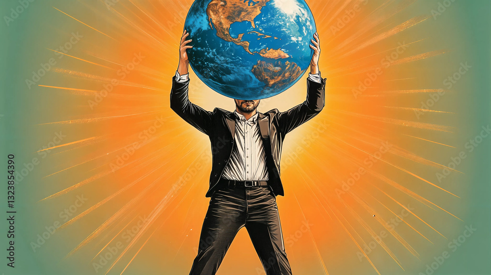 A man, seemingly burdened by the weight of the world, holds the Earth aloft.
