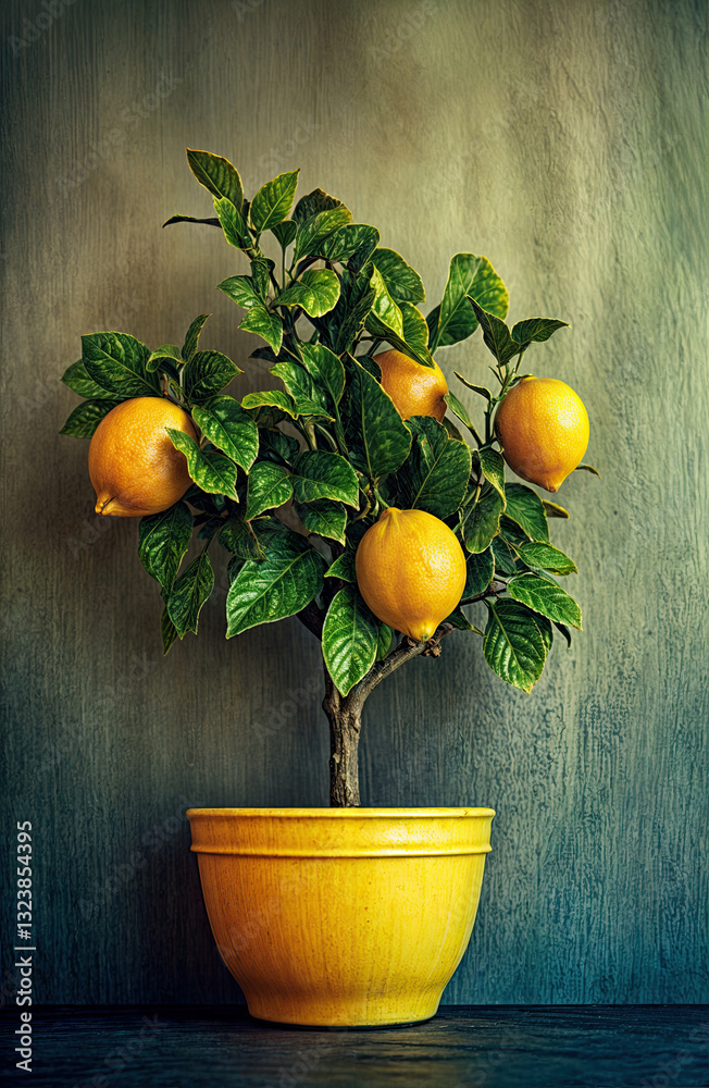 A vibrant lemon tree in a cheerful yellow pot, showcasing ripe citrus fruits and lush green foliage.