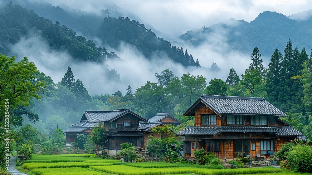 Fototapeta premium Serene Japanese countryside with traditional wooden houses amidst lush greenery and fog