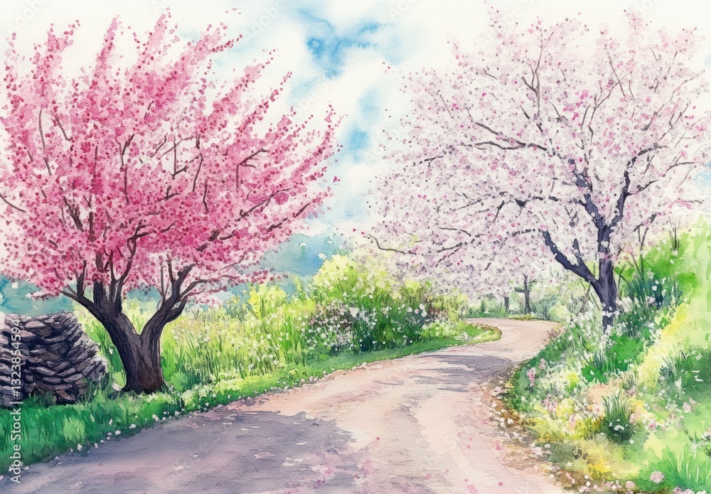 Fototapeta premium Spring Countryside Road Beneath Cherry Blossoms
