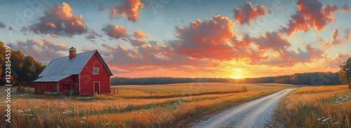 serene countryside landscape red farmhouse sunset impressionist soft lighting dramatic skies gravel road