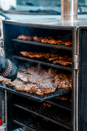 Grill chicken meat on fair, farmers market stand.