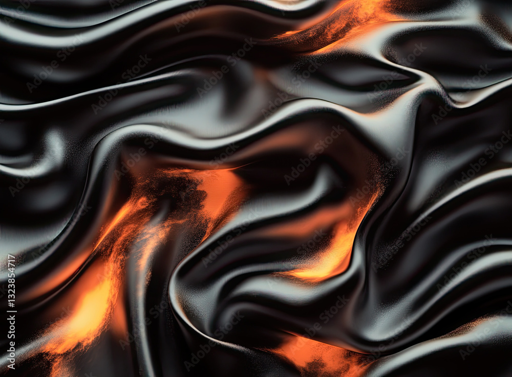 A dramatic close-up of black fabric, with orange highlights that create a sense of depth and movement.