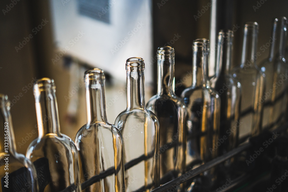 Line of empty glass bottles on a conveyor belt