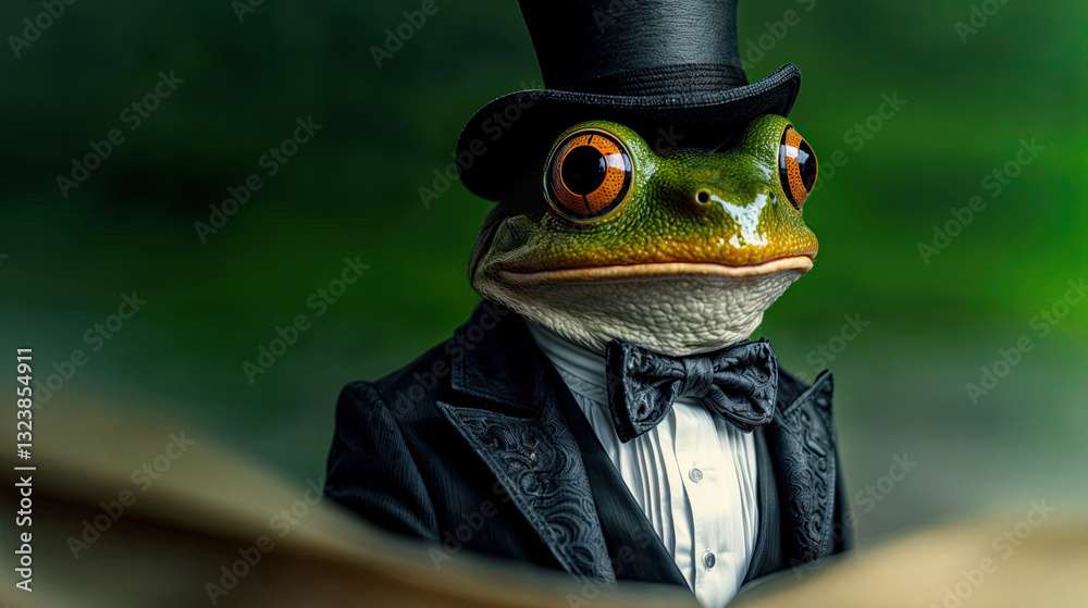 Close-up of a frog wearing a top hat and tuxedo, suggesting a sophisticated and refined character.