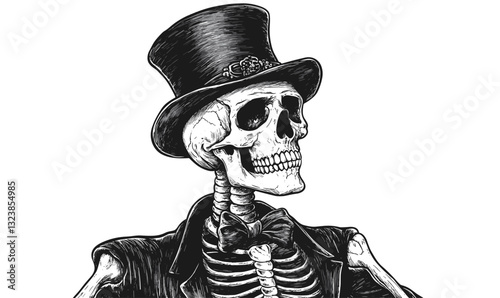 Vintage skeleton in top hat and bow tie - flat icons set, vector.