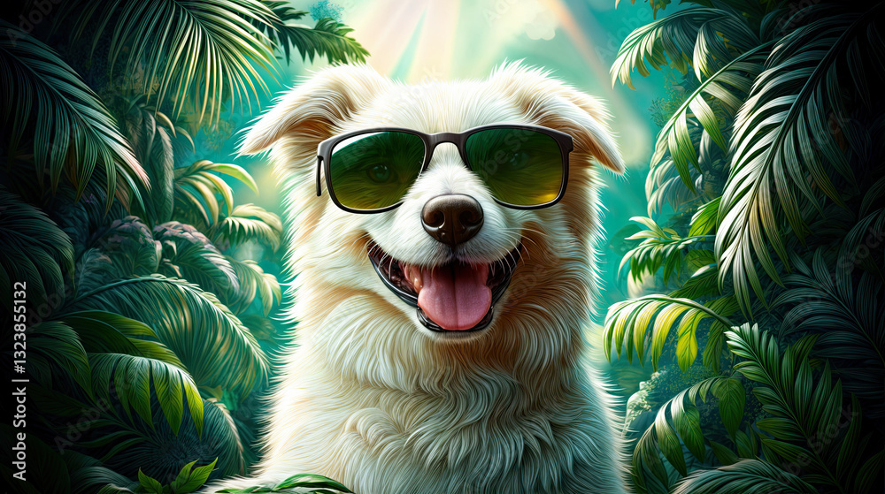 A happy dog in sunglasses, nestled amidst lush tropical foliage.