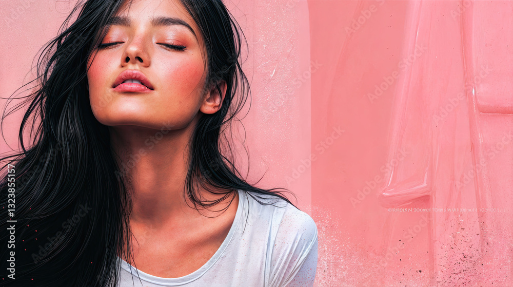 A woman with long, dark hair, resting peacefully against a soft pink backdrop. Her expression is serene, and her skin is highlighted with subtle blush.