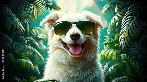 Obraz na płótnie A happy dog in sunglasses, nestled amidst lush tropical foliage. w salonie