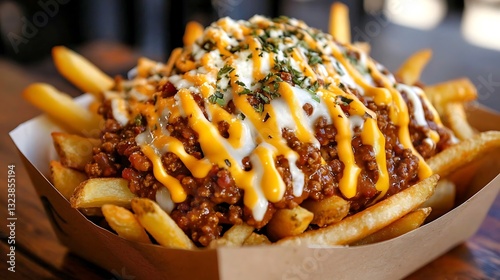 Chili Cheese Loaded Fries Golden fries smothered in spicy beef chili and melted cheddar cheese
