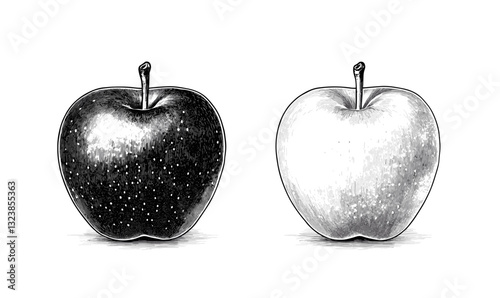 Black and white apple illustrations, detailed hand-drawn fruit, vector, linear icons set.
