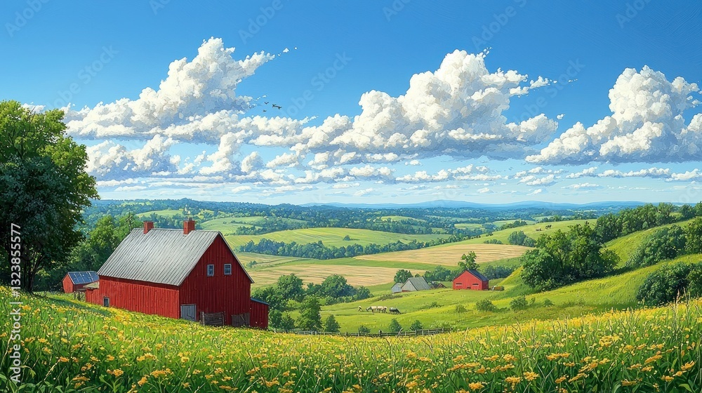 Obraz premium Idyllic rural landscape with red barns, rolling hills, and wildflowers under a bright summer sky.