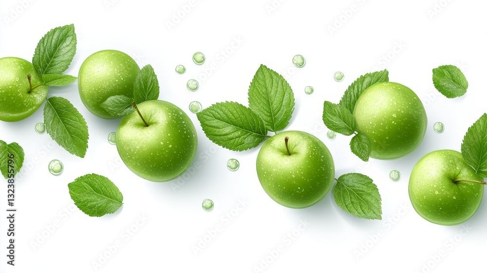Obraz premium Closeup of fresh green apples with water droplets and leaves vibrant still life