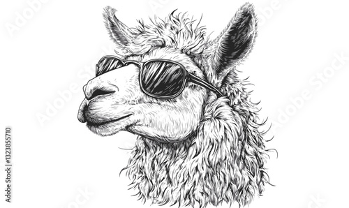 Cool alpaca wearing sunglasses in detailed sketch style - vector, linear icons set.