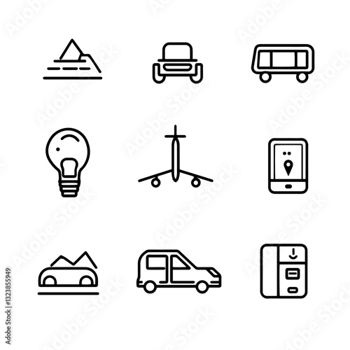 Set of travel and transportation vector icons, minimal black line design for navigation and mobility