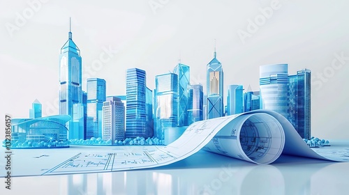 Architectural illustration featuring a blue planning blueprint drawing, showcasing detailed building design and structural layout. Concept of construction, architecture, and urban planning in a creati