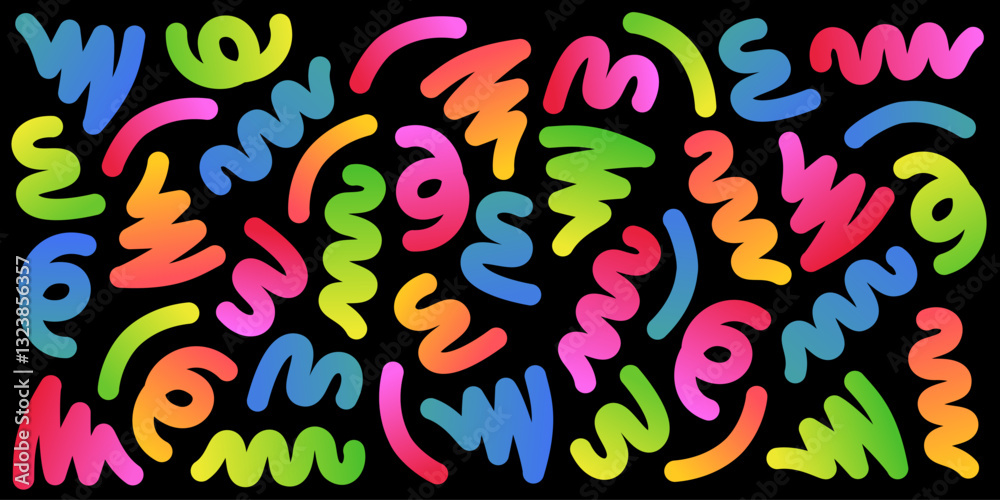 Obraz premium Vibrant and playful colorful doodle art bursting with creativity and imagination, perfect for backgrounds, design projects, artistic inspiration, abstract patterns on black, energetic visual elements.