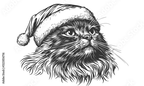 Christmas cat in santa hat - black and white sketch - vector, linear icons set.