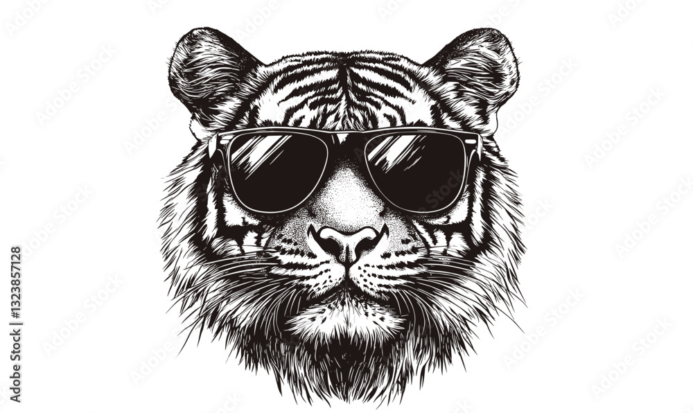 Obraz premium Cool tiger wearing sunglasses in black and white, flat icons set, vector style.