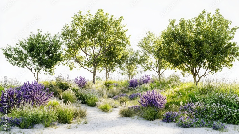 Obraz premium Serene Garden Scene: Captivating landscape featuring vibrant green trees and flowering plants bathed in soft sunlight, with a pathway.
