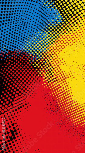 Wallpaper Mural Colorful Halftone Explosion: An abstract composition featuring vibrant splashes of red, yellow, and blue, juxtaposed with a halftone dot pattern to create a dynamic visual effect. Torontodigital.ca