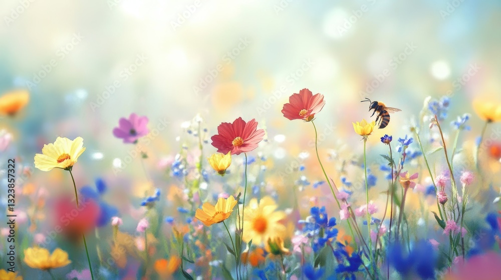 Obraz premium Bee collecting nectar from wildflowers nature photography outdoor close-up pollination