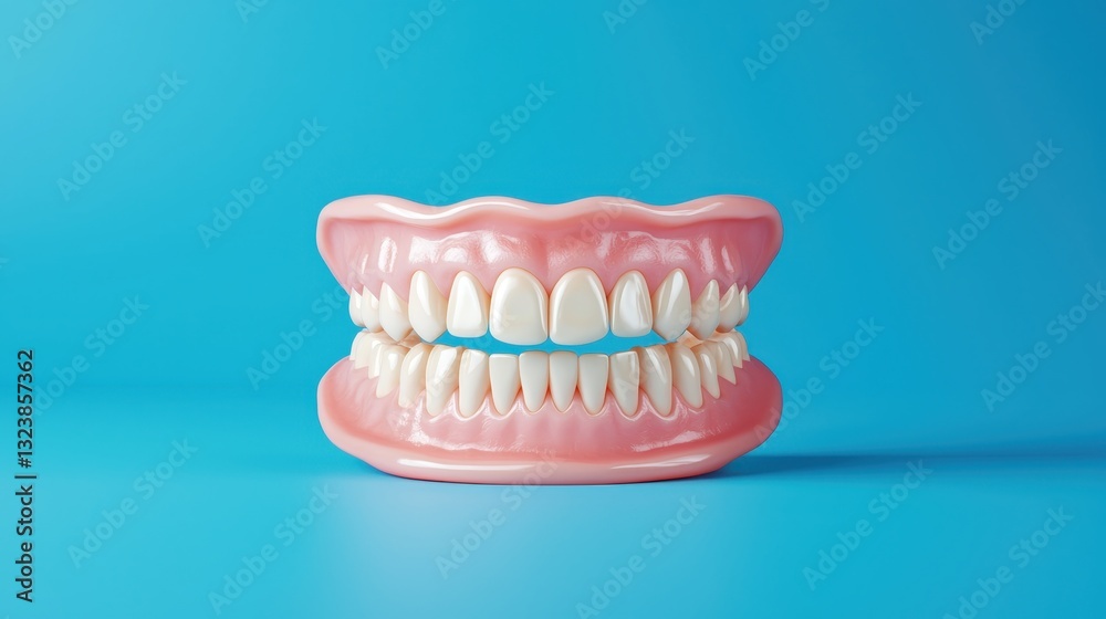 Obraz premium Full set of dentures on a blue background. Concept of dental health, prosthetics, and care.