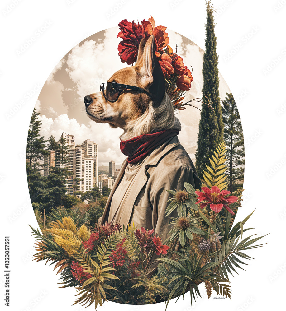 a surreal, artistic depiction of a dog wearing a coat and sunglasses, adorned with a floral crown and surrounded by vibrant flowers, with a cityscape in the background.