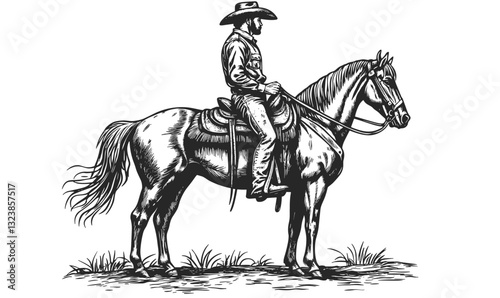 Cowboy riding horse in nature, black and white linear icons set, vector.