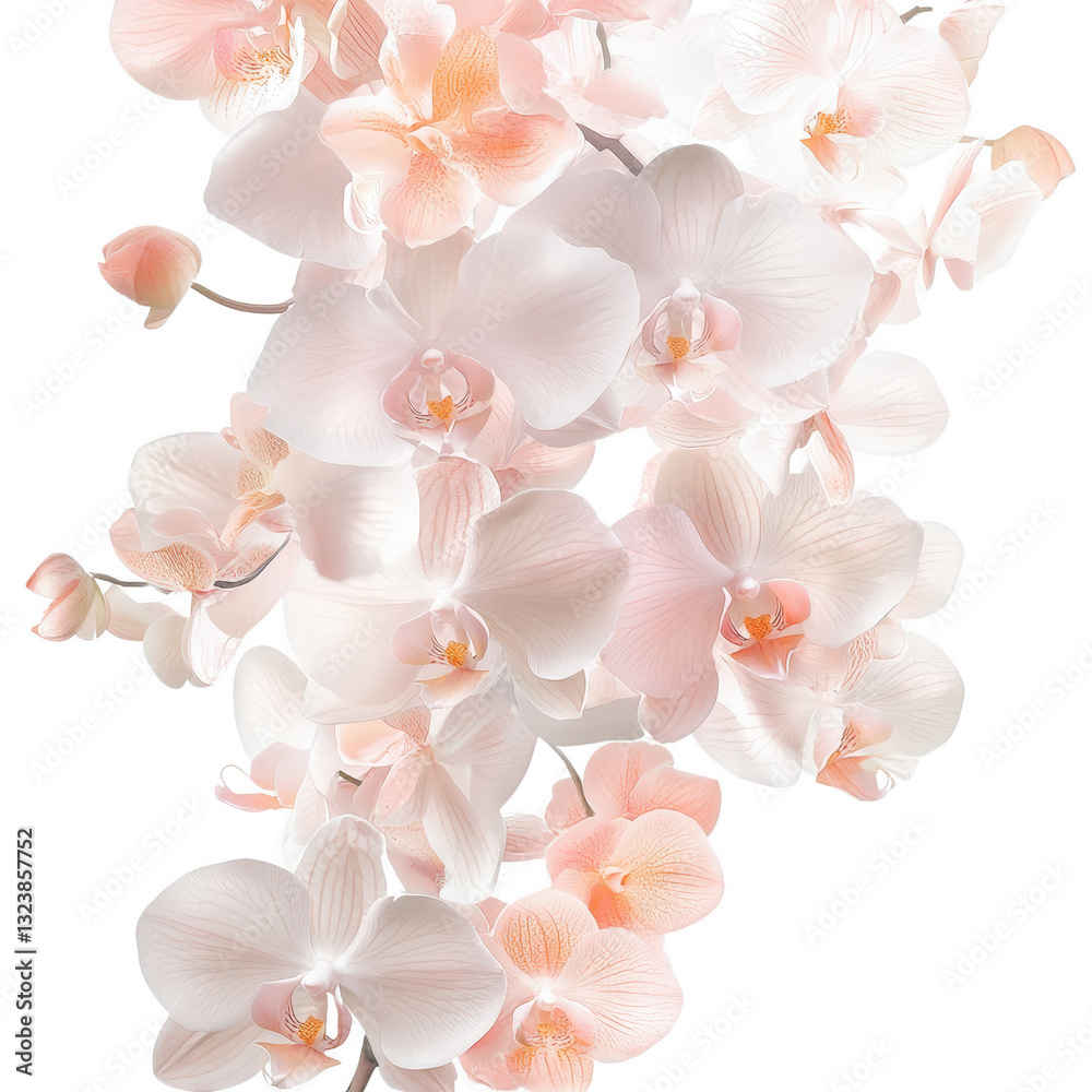 Obraz premium Orchid's Delicate Cascade: An elegant display of pure beauty, with creamy white and soft peach orchid blooms cascading gracefully, capturing the essence of serenity and floral elegance.