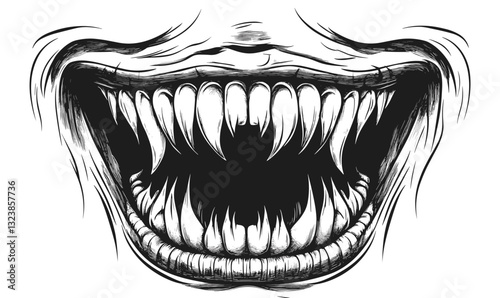 Monstrous grinning mouth with sharp teeth, horror icons set, linear vector.