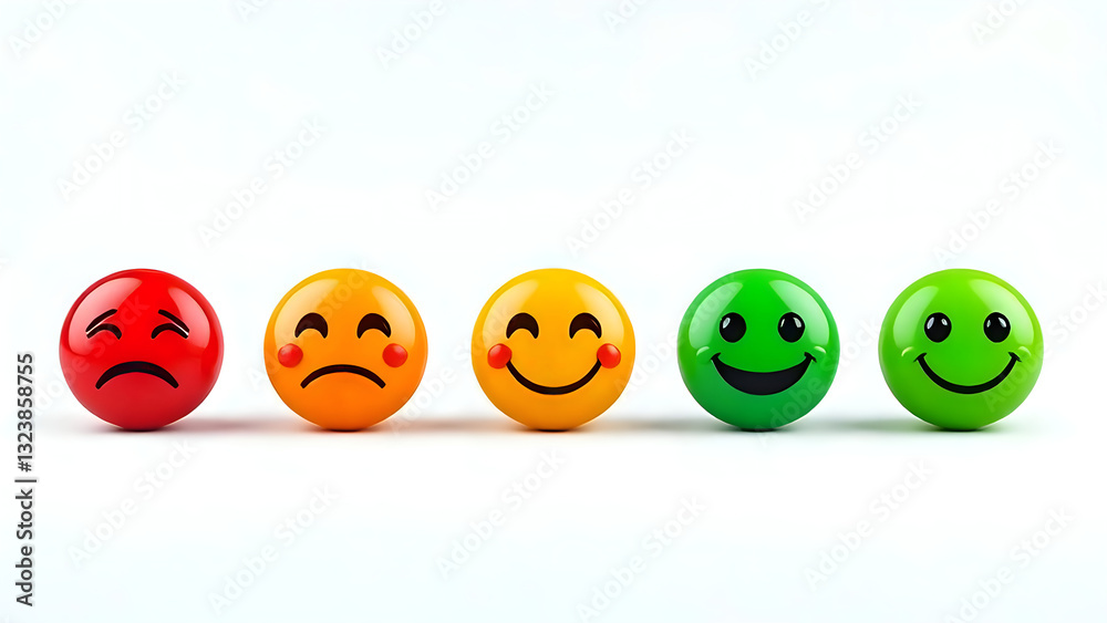 A horizontal row of five circular emoji faces are arranged from left to right in a gradient of emotions. A horizontal row of five circular emoji faces are arranged from left to right in a gradient of emotions.