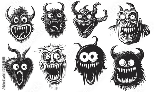 Creepy monster faces icons set in flat style - vector.