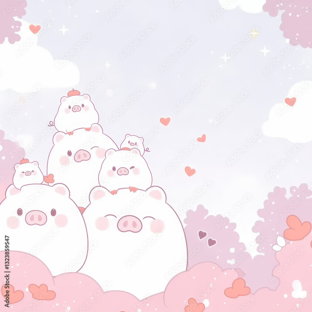 Cute pig characters in playful, pastel landscape with hearts Cute pig characters in playful, pastel landscape with hearts