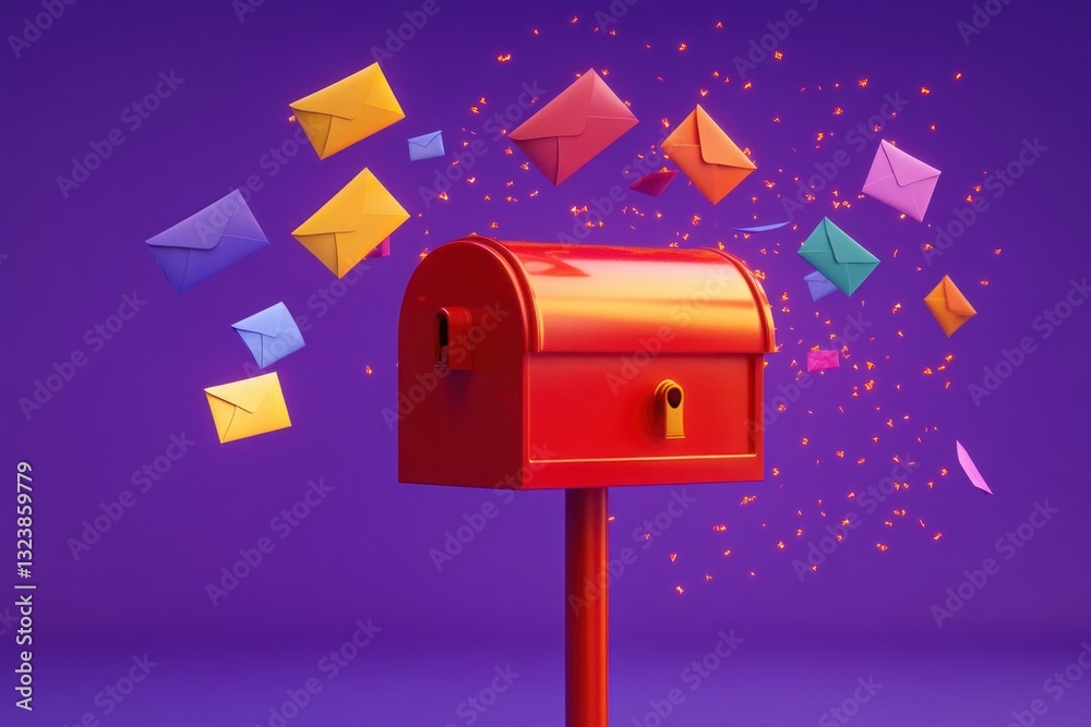 3D Red Mailbox with Colorful Envelopes Flying in Purple Background for Newsletter and Marketing Notification 3D Red Mailbox with Colorful Envelopes Flying in Purple Background for Newsletter and Marketing Notification