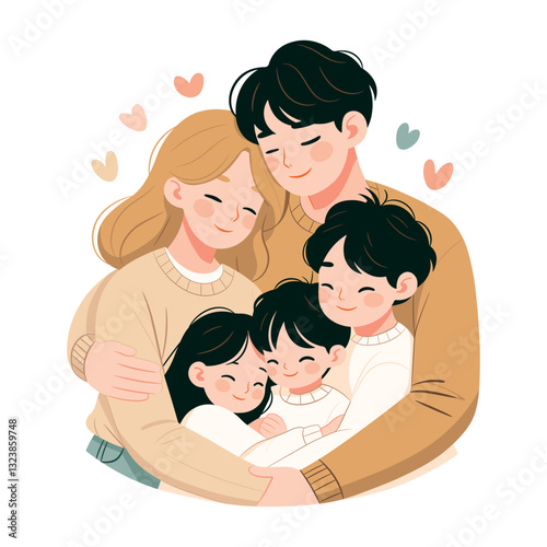 The large happy family. Father, mother, sons and daughter together. Children with parents. Vector illustration of a cartoon style isolated on white.