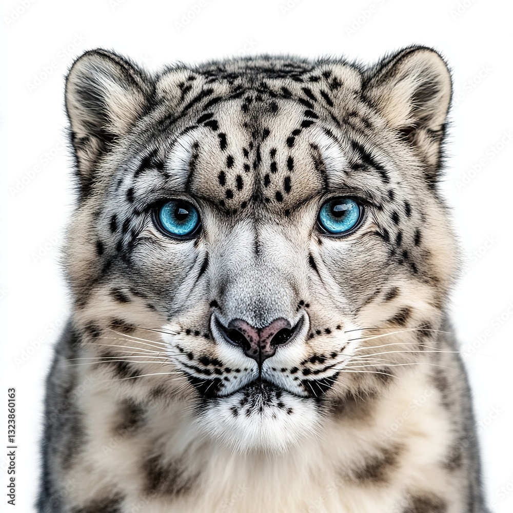 Naklejka premium Majestic snow leopard portrait with striking blue eyes against a white background.