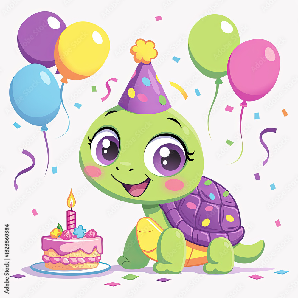 Obraz premium Cute chibi turtle celebrating with birthday cake and colorful balloons