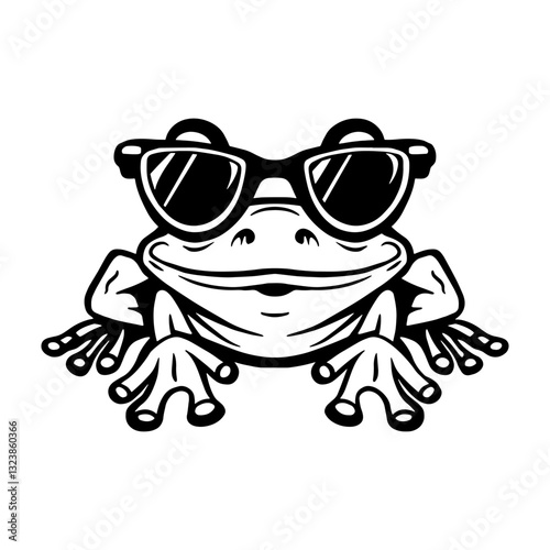 Cool black and white frog wearing stylish sunglasses. Fun cartoon illustration, perfect for stickers, clipart, logos, and digital prints.