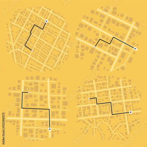 Set of Gps map navigation. View from above road map. Detailed view of city. Abstract background. Flat style, Vector, illustration isolated