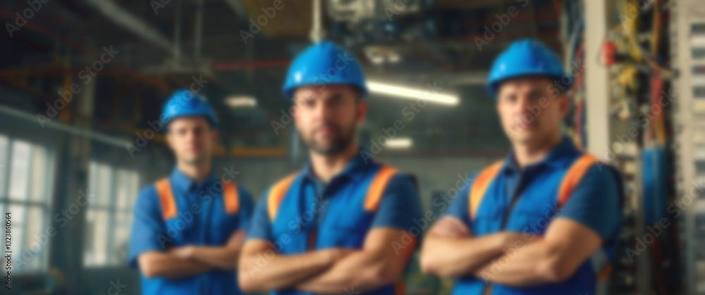 Blurred background capturing a group of committed electricians wearing blue helmets with arms crossed, signifying rigorous adherence to safety standards Blurred background capturing a group of committed electricians wearing blue helmets with arms crossed, signifying rigorous adherence to safety standards