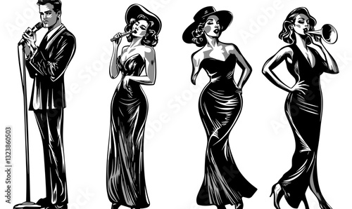 Retro jazz musicians and singers in elegant outfits, black and white vector, linear icons set.