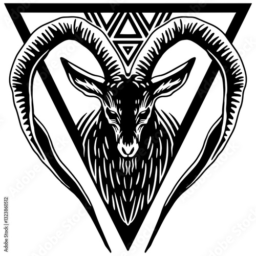 Black and white vector illustration of a goat head with large horns inside a geometric triangle. Perfect for tattoos, logos, occult designs, and cut files.