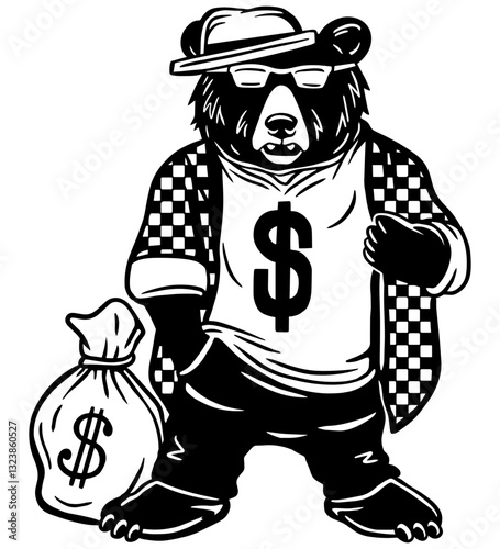 Cool gangster bear holding a cash bag. Black and white vector illustration for prints and designs.