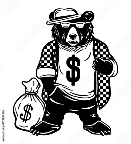 Cool gangster bear holding a cash bag. Black and white vector illustration for prints and designs.