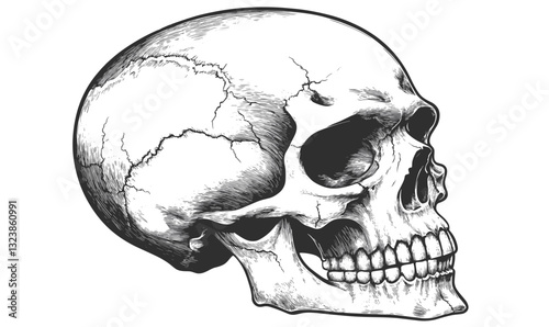 Human skull side view in detailed black and white linear style, vector icons set.