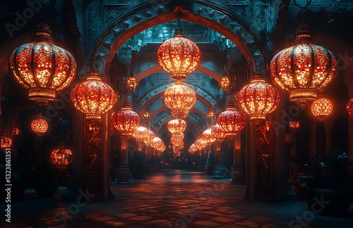 Dimly Lit Corridor with Glowing Lanterns and Arched Architecture  